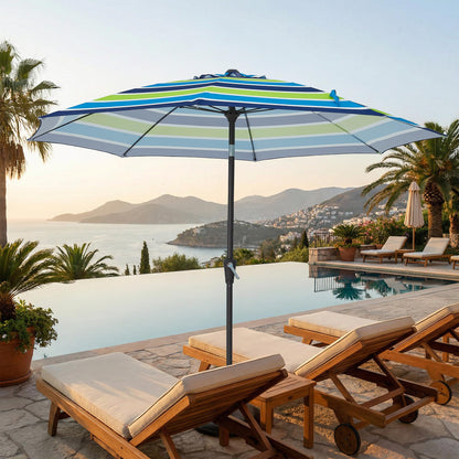 JEAREY 9FT Outdoor Patio Umbrella,Market Table Umbrella with 8 Fiberglass Ribs, Pool Umbrella with Tilt and Crank, UV Protection Lightweight & Wind-Resistant for Lawn, Garden, Deck and Backyard, Blue-Green Stripe