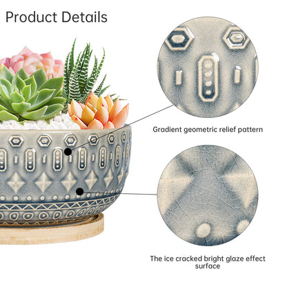 8 Inch Ceramic Succulent Planter Pots with Drainage Hole Flower Pot for Indoor Plants Round Shallow Bonsai Pot with Bamboo Tray Blue