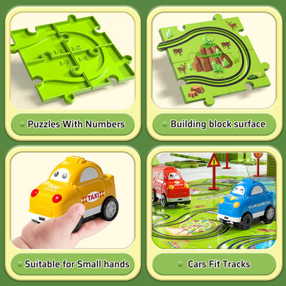 JUKUDAHU 64 Pieces Puzzle Race Track Car Set Toys for 3 4 5 6 Year Old Boys - Puzzle Tracks Car Toys for Kids Ages 3-5 with 3 Sliding Toy Cars, City-Themed, Birthday Gifts for Toddlers 1-3 2-4 4-6