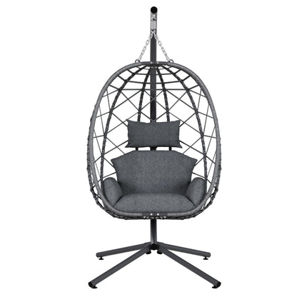SWITTE Hanging Egg Chair with Stand, Outdoor Indoor Rattan Wicker Egg Swing Chair with Cushion, Heavy Duty Patio Hammock Chairs for Garden Backyard Balcony Bedroom, 400LBS Capacity, Dark Grey