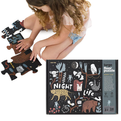 Wee Gallery Fine Motor Practice Bundle - Night Life Floor Puzzle, 24 Large Pieces, Durable Jumbo Jigsaw Floor Puzzles - Jungle Animals Lacing Cards for Toddlers, Sewing Board, Preschool Toys