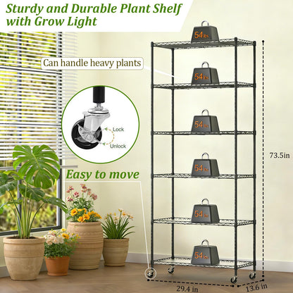 Plant Shelf with Grow Light, DIY 6-Tier Plant Stand with Grow Light, Adjustable Rack and Wheels, 8 Pack 24" 192W T8 Full Spectrum Grow Lamp for Indoor Plants, Seed Starting, Vegetable, 29"x13.5"x73.5"