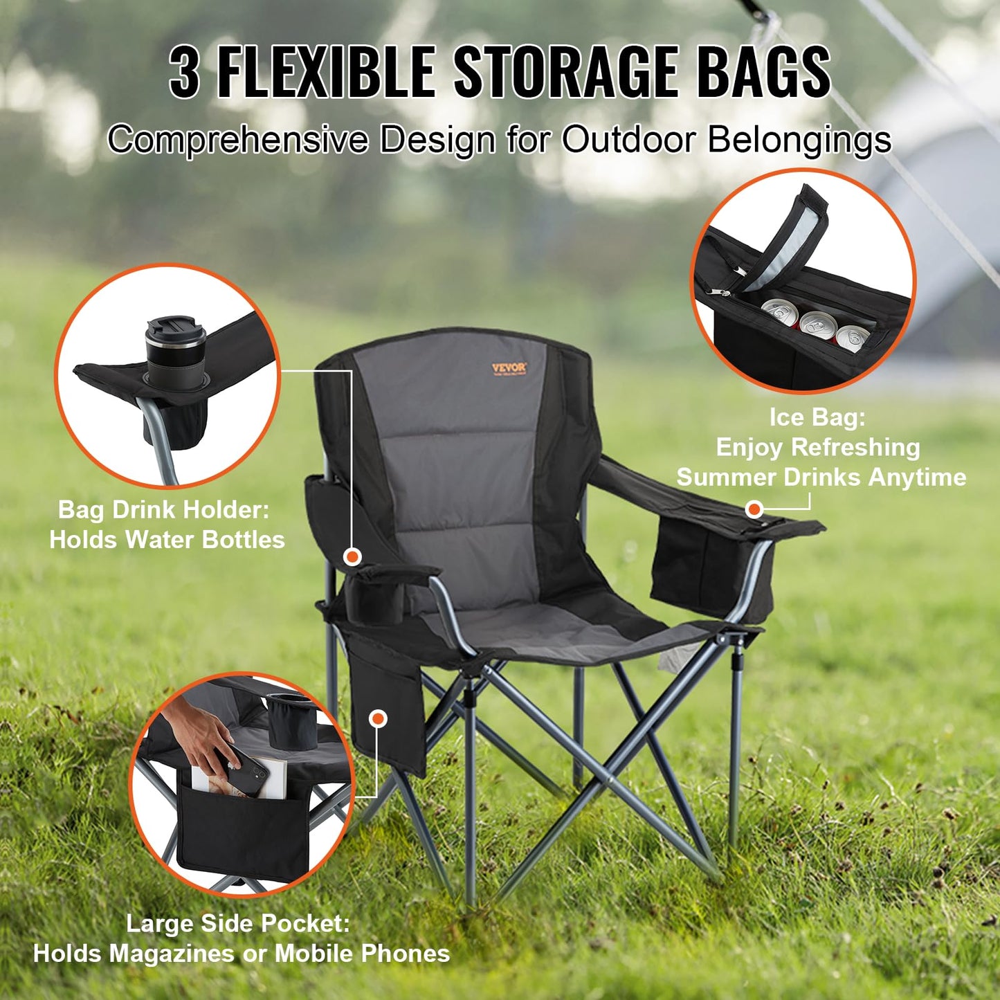 VEVOR Oversized Camping Folding Chair, Portable Heavy Duty Outdoor Quad Lumbar Back Padded with Side Pockets, Cup Holder and Cooler Bag for Beach, Lawn, Picnic, Fishing, Backpacking, Black