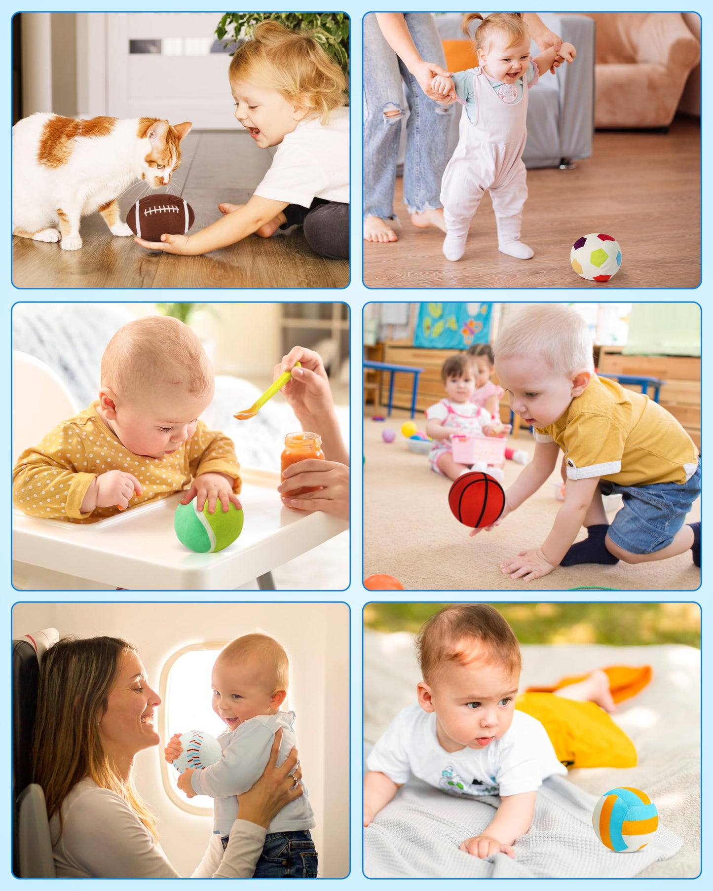Vanmor Sensory Sports Balls for Babies 6-12M+, 6 Pack Machine Washable Plush Ball Set with Crinkle, Rattles, Squeaky Sounds, Toddler Learning Toys with Travel Bag, Baby Shower Birthday for Newborn