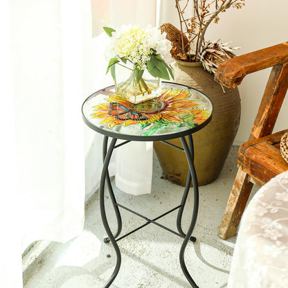 VCUTEKA Patio Side Table Outdoor Accent Table Bistro Coffee Table Plant End Table Small Porch Table Indoor Round Glass Balcony Plant Table Stands Sunflower 14''