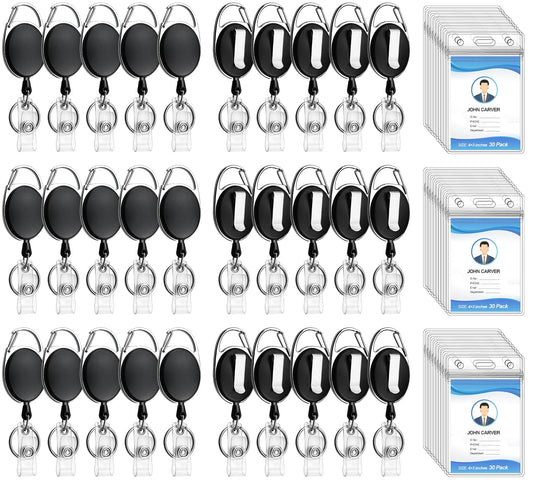 30 Pack Heavy Duty Retractable Badge Reel with Waterproof Vertical Name Badge ID Card Holders and Key Ring for Card Keychain Badge Holder