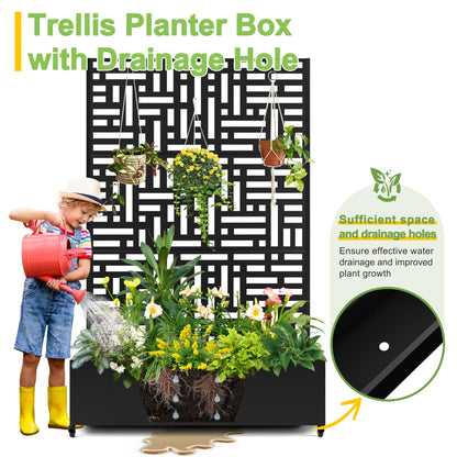 FENCY Metal Raised Garden Bed with Wheels and Trellis,73"x47"x16" Planter Box for Climbing Plants, Vegetables & Vines, Features Privacy Screen and Drainage Holes (Black-Geometric Lattice)