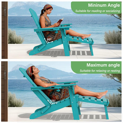 LOUNZY Folding Adjustable Adirondack Chair with Retractable Ottoman, HDPE Recliner Adirondack Chair with Cup Holder for Deck Lawn Fire Pit, Aruba
