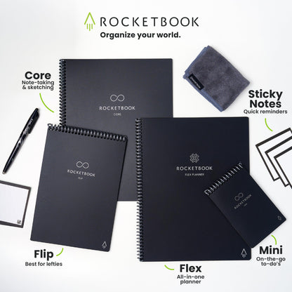 Rocketbook Reusable Sticky Notes Starter Pack, Restick and Reorganize Memo Pads, 3"x3", 15 Black Sticky Notes, Includes Pen, Towel + Carrying Case (Kit of 1)