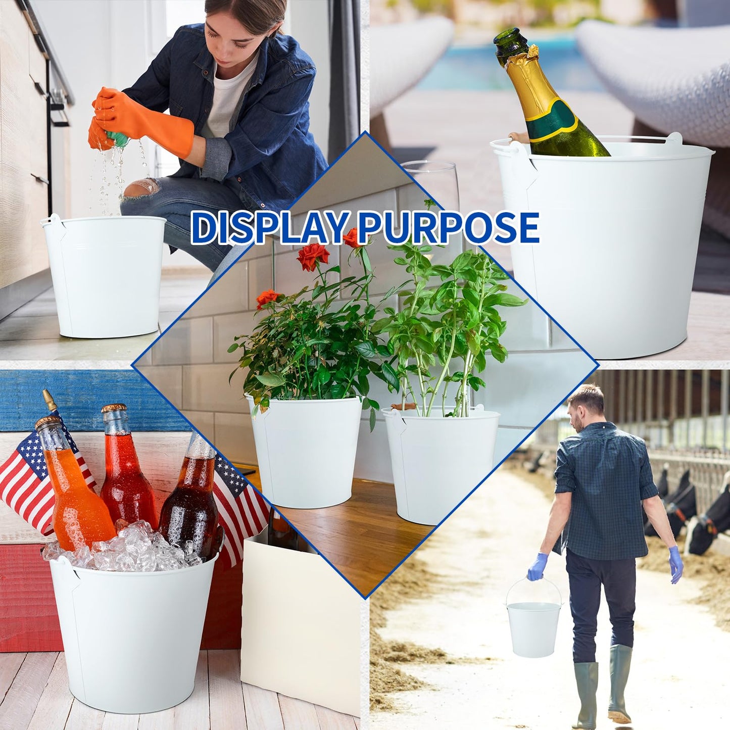 Didaey 12 Pcs Large Galvanized Metal Buckets with Handle 10 Inch Heavy Duty Stainless Steel Pails Round Pail for Party Wedding, Crafts, Utensils, Table Centerpieces (White)