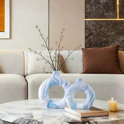Ceramic Donut Vase Set of 2, Light Blue & White Ring Centerpiece for Pampas Grass, Modern Boho Hugging Snuggle Design, Small Blue Flower Holder for Shelf, Mantel, Wedding Table Decor（8.07"H & 6.3"H）