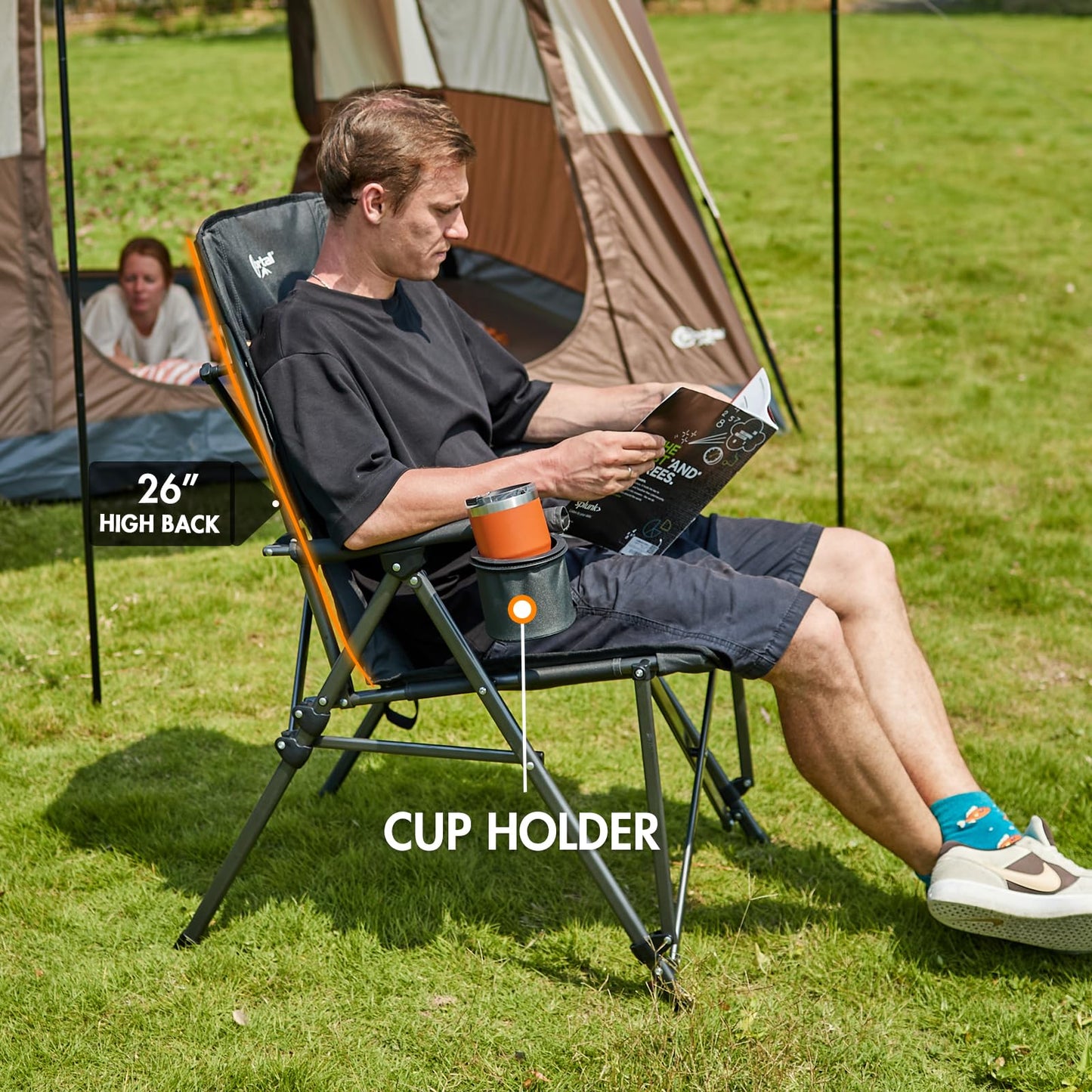 PORTAL Oversized Folding Camping Chair High Back Portable Lawn Chairs for Adults Outdoor Sports with Hard Armrest Cup Holder，Supports 400LBS Black