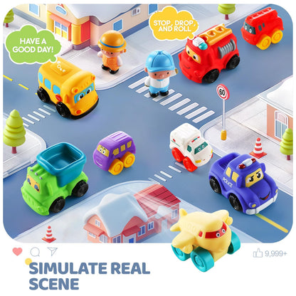 bessome Soft Rubber Toy Figure Car for 1 Year Old Boy with Playmat (Storage Bag)|12 PCS Cartoon Cars Baby Toys for 12-18 Months & Toddler Age 1-2|First Birthday|Gift for 1 2 3 Year Old Boy