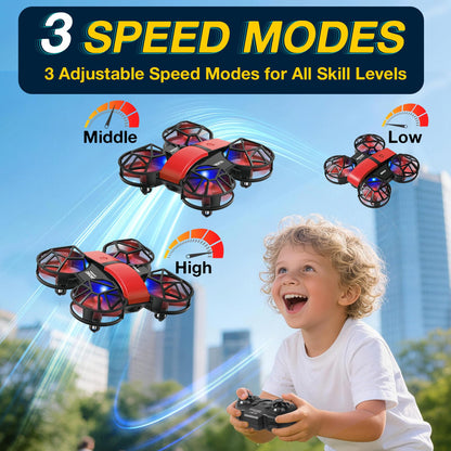 Red Mini Drone for Kids & Beginners, Indoor & Outdoor RC Quadcopter, Full Propeller Guards, LED Light, 3D Flips, One Key Start, Headless Mode, 2 Rechargeable Batteries, 21 Mins Total Flight Time, Toy Gift for Boys and Girls