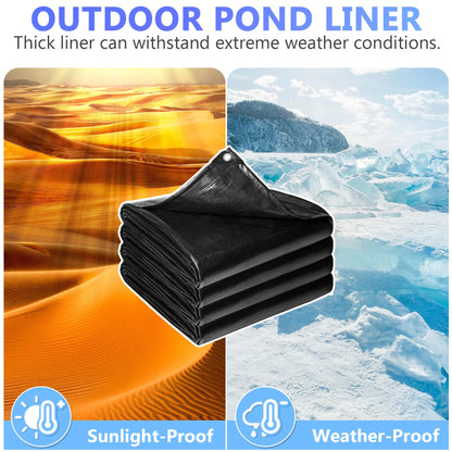 Reinforced PE Pond Liner 25 x 25 FT, 28 Mil Sun Resistant Preformed Pond Liner, Hemmed Edge with Buttonholes Liner for Outdoor Large Ponds, Fish/KOI/Duck Pond, Garden Waterfall, Waterscape, Black