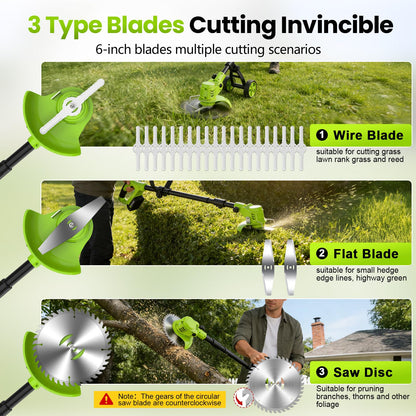 Electric Weed Wacker Cordless with Wheel, 4 in 1 Weed Eater Battery Powered Brush Cutter String Trimmer Edger, 4000mAh Stringless Weed Trimmer Lightweight Grass Trimmer Mower