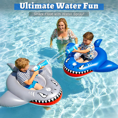 2 Pack Inflatable Shark Pool Floats Kids 3-11 Years, Kids Floaties Swimming Pool Toys with 2 Water Squirt Guns Boys Girls Party Float Ride-on Toddler Floatie with Safety Seat Summer Outdoor Water Game