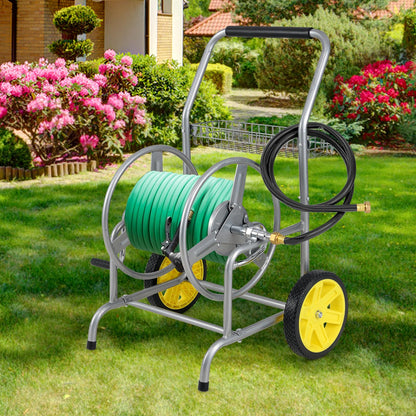 Goplus Garden Hose Reel Cart, 230 FT of 5/8" Large Capacity, Heavy-Duty Metal Hose Cart w/ 2 Wheels, Storage Basket, Portable Water Hose Organizer for Outside Yard, Outdoor Planting Tool