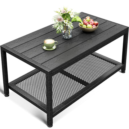 ODK Outdoor Coffee Table with Double-Layer Storage, Rectangle Weather-Resistant Patio Coffee Table for Garden, Balcony, Hot Tub, Poolside, Heavy-Duty Metal Frame, Black