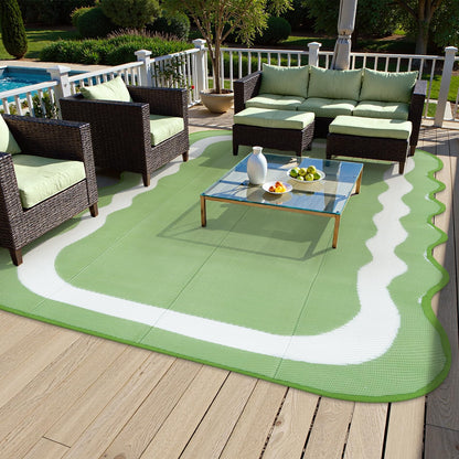 Uphome Outdoor Rug Waterproof 8x10, Large Reversible Green Scalloped Patio Plastic Straw Rugs, Foldable Modern RV Camping Outside Carpet Mat for Pool Back Yard Deck Picnic, 8 x 10 ft