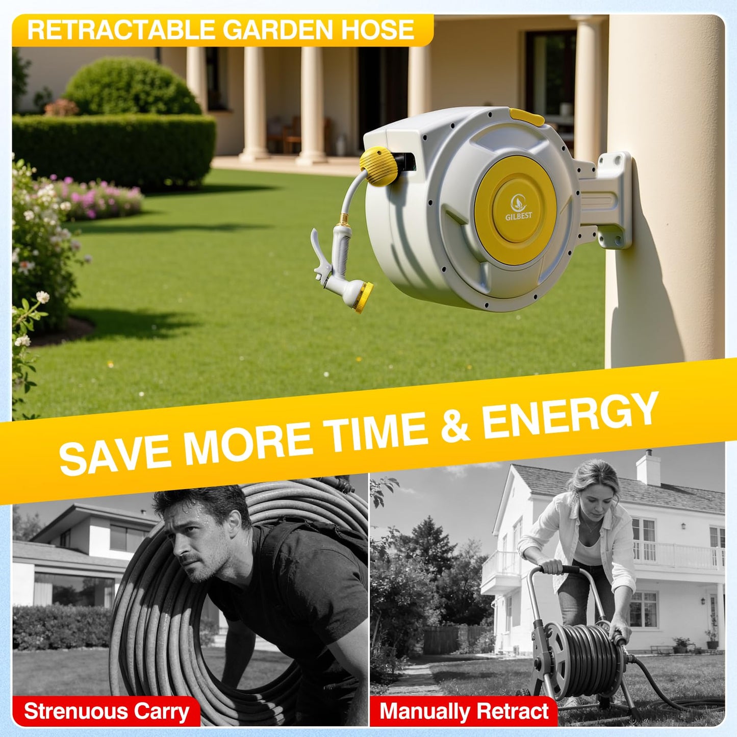 5/8" x 100 ft Retractable Garden Hose Reel, Heavy Duty Water Hose Reel Wall Mounted, Any Length Lock, 180°Swivel, Water Hose with 8-Function Nozzle for Cleaning, Watering(Yellow)