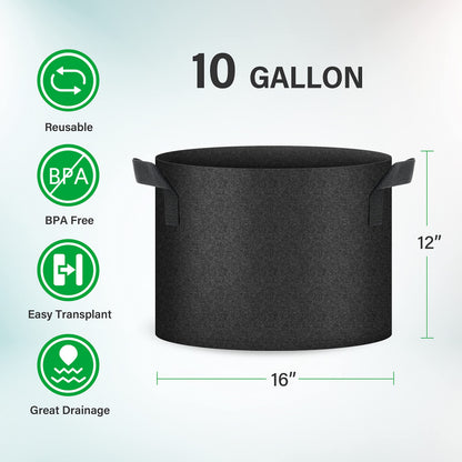 YSSOA 5-Pack 10 Gallon Grow Bags, Aeration Nonwoven Fabric Plant Pots with Handles, Heavy Duty Gardening Planter for Potato, Tomato, Vegetable and Fruits, Black