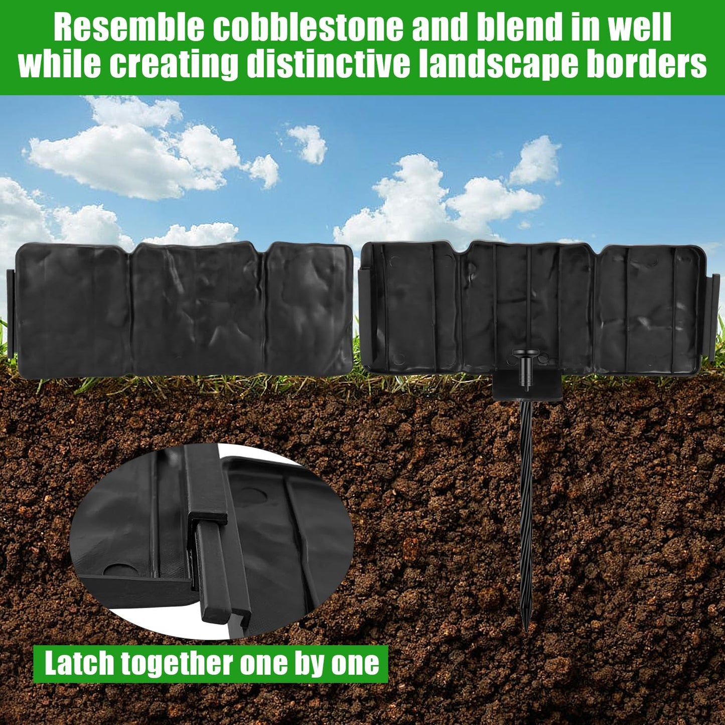 Garden Edging Border NO DIG, with Landscape Edging Anchoring Spikes, Black Stone Effect Plastic Lawn Edging Fencing, Interlocking Yard Lawn Edging for Flower Bed | 32 Ft | 40Pcs | Black |