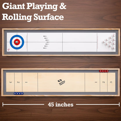 Sterling Games Tabletop Shuffleboard, Bowling and Curling 3 in 1 Combo Game Set, Two Sided Wooden Arcade Game Board with Pucks and Bowling Pins, a Table Top Game for Kids and Family