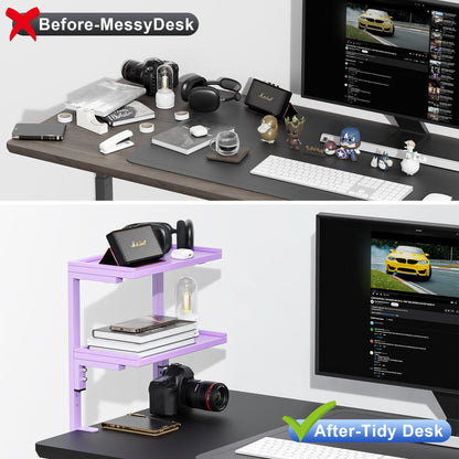 OUTIOE 2-Tier Desk Shelf, Expandable Under Desk Storage, Clamp on Desk Shelf, Desktop Accessories for Offices, Study Rooms, and Game Rooms (Purple)