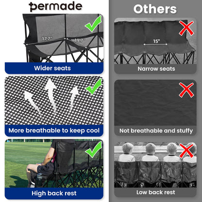 Permade Soccer Bench- Folding Team Bench Soccer 4 Seats, Portable Sideline Sports Benches with Mesh Seat and Back with Bag, Foldable Breathable Chairs for Sports Football Camp Events (Black