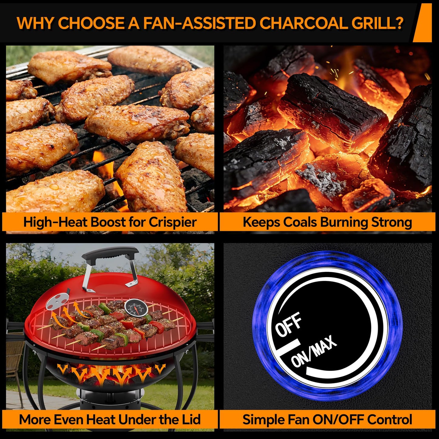 Portable Charcoal Grill with Fan-Assisted Airflow, 17-Inch Small Kettle BBQ Grill, Built-In Thermometer, Lift-Out Charcoal Tray for Camping, Tailgating, Patio, Backyard