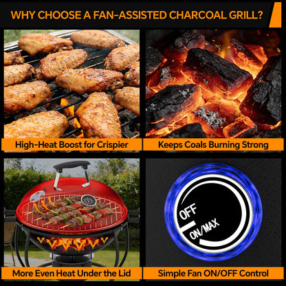 Portable Charcoal Grill with Fan-Assisted Airflow, 17-Inch Small Kettle BBQ Grill, Built-In Thermometer, Lift-Out Charcoal Tray for Camping, Tailgating, Patio, Backyard