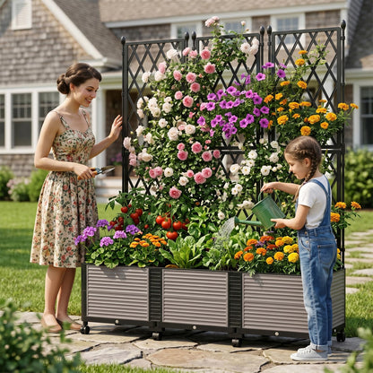 UrGROWA Raised Garden Bed Planter Box with Trellis, 63''H Tomato Planters for Climbing Plants Vegetable Vine Flowers Outdoor Patio Tomato Cage, Self Watering Planter with Wheels