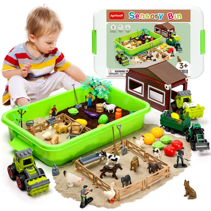 Aprilwolf 69 PCS Farm Sensory Bin Toys Playset, Sandboxes with Sand, Farmer Tractor & Farm Animals Figures Toys for Kids 3 4 5, Gifts for 6 7 Years Old Boys Girls Toddlers