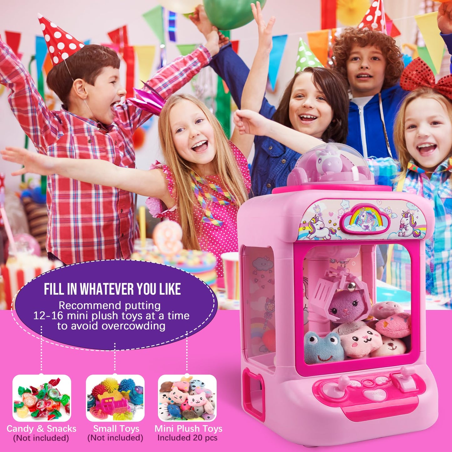 Mini Claw Machine for Kids - Unicorn Candy Grabber Vending Machine Toy with 20 Plush Prizes, Arcade Prize Dispenser Game, Girl Toys Age 3-8, Christmas Birthday Easter Gift