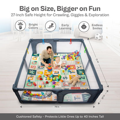 Baby Playpen with Mat 79x71 Inch Large Playpen for Babies and Toddlers Playard with Zipper Gate Safety Fence Play Pen with Soft Breathable Mesh Indoor & Outdoor Kids Activity with Playmat Dark Gray