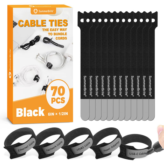 SummerBrite 70 Pack Black Cable Ties 6 Inch with Writable Labels, Reusable Cable Management Straps, Hook and Loop Cord Organizer for Home Office, PC Desk Setup, Electronics & Travel Wire Management