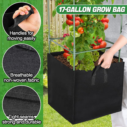 ANPHSIN Sturdy Square Tomato Cage with Movable 17 Gal Grow Bags - 3 Sets 46'' Plants Garden Trellis Planter, Support for Indoor Outdoor, Cucumber, Beans, Peppers, Eggplants, Climbing Vegetables