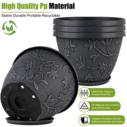 Nooulap 4 Pack 16 Inch Large Plant Pot for Outdoor, Plastic Flower Pot Indoor with Drainage Hole & Saucer, Modern Decorative Garden Pot, Imitation Magnolia Garden Pots for House Planters（Gray）