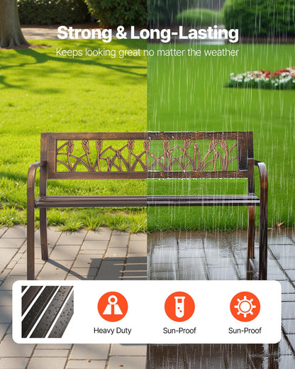 VEVOR Outdoor Bench, 50 inch, Carbon Steel Metal Frame with PVC Floral Pattern Backrest and Round Edge Armrests, Weatherproof Outside Bench for Patio, Garden, Park, Yard, Front Porch, Antique Bronze