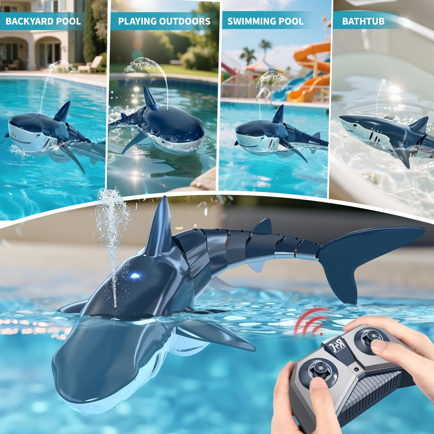 TEMI 2.4GHz Remote Control Shark Toy for Pool, 1:18 Scale RC Shark with 2 Motors, Water Spraying and Light, Rechargeable Outdoor Pool RC Sharks Gifts Toy for Age 3-9 Year olds Kid Boys Girls