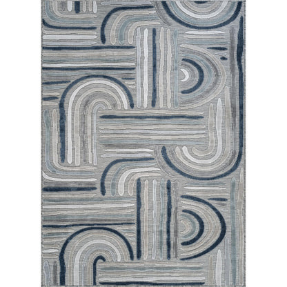 CAMILSON Indoor Outdoor Rug, Blue 5x7 Geometric Arch Striped Area Rugs for Patio and Home Areas, Easy-Cleaning Non-Shedding Living Room, Garden and Deck Washable Outside Carpet (5 x 7)