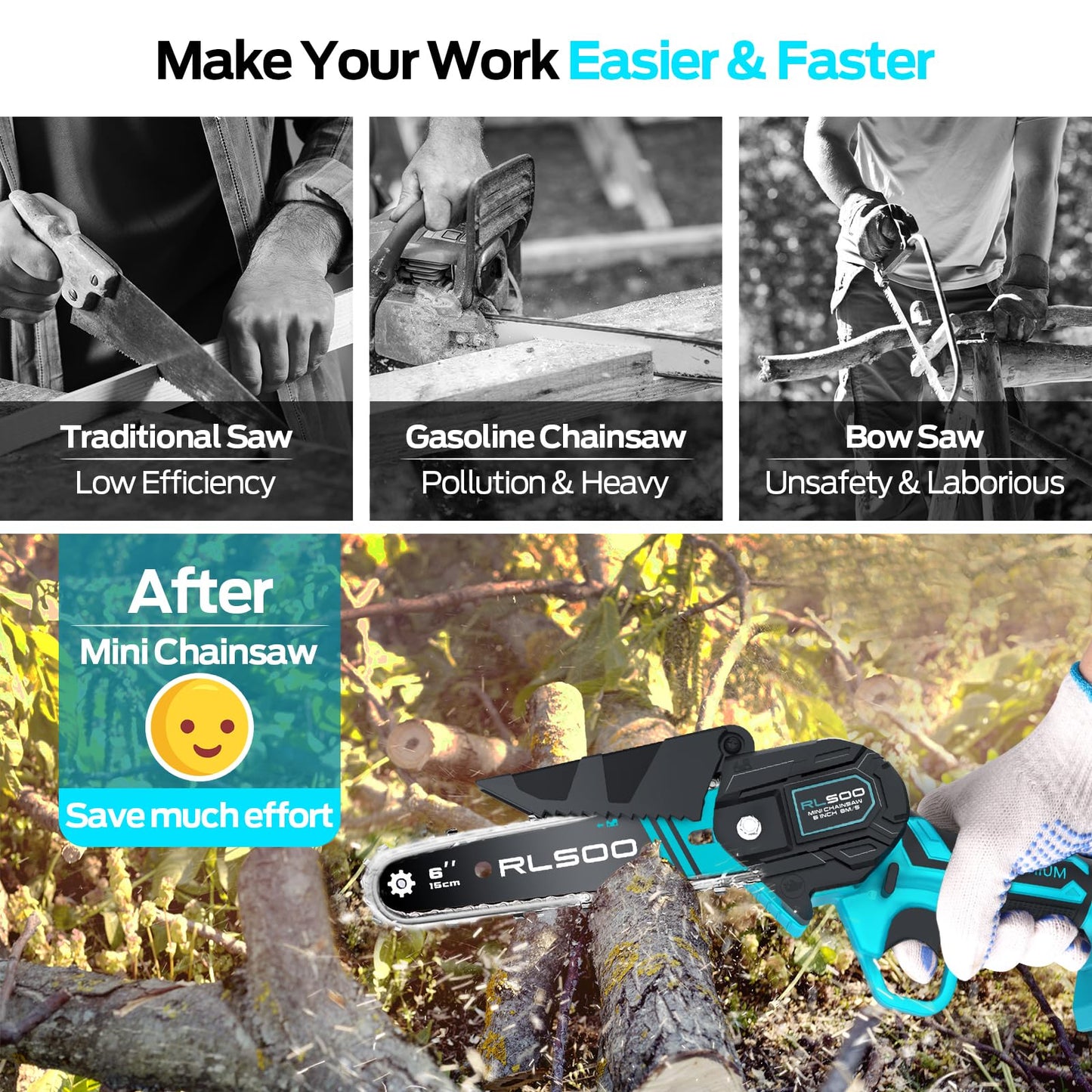 RLSOO Mini Chainsaw 6 Inch Cordless, Battery Powered Electric Handheld saw, Tree Trimmer Wood Branch Cutter for Household and Garden, Perfect for Woman, Seniors, Beginners, Seasoned Pros