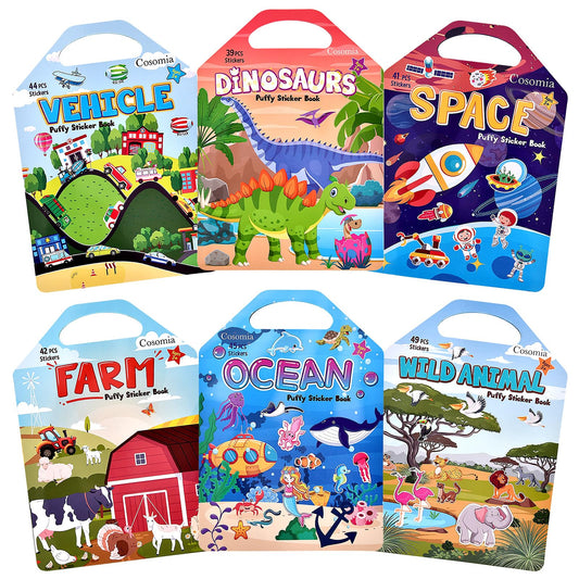 Cosomia 6 Set (260pcs) Puffy Sticker Books Activity for Kids, Animal, Farm, Dinosaurs, Space, Vehicle, Ocean, 3D Reusable Stickers for Boys and Girls, Travel Sticker Books for Kids Ages 3+
