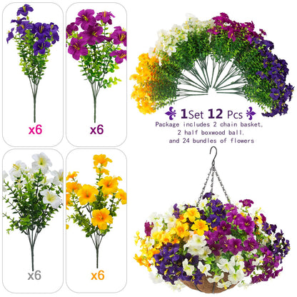 2 Set Artificial Outdoor Flowers with Hanging Baskets,24 Pcs UV Resistant Faux Petunias Flowers with Hanging Planter for Front Door Porch Spring Outside Decor (2, White,Yellow,Purple,RedViolet)