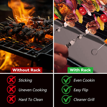 Barbecue Skewer Kabob Rack For Shish Kebab Skewers-Stainless Steel Compatible with Wood Round Steel Flat or Bamboo Skewers Universal Holder for Grill BBQ Grilling Accessories 2 Pack
