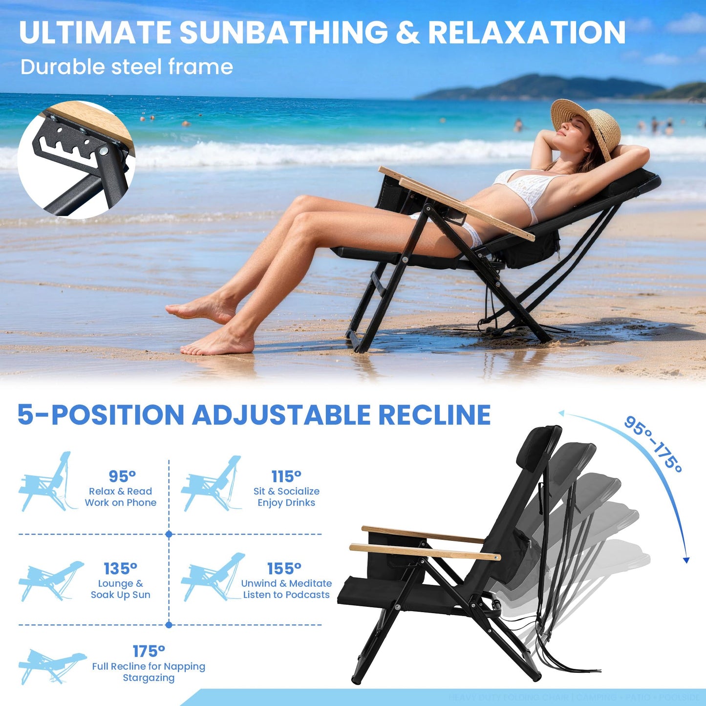 Canpsky Premium Portable Camping Chair 5-Position Recliner Beach Folding Lightweight Outdoor Chair with Wooden Armrests, Headrest, Multi-Pockets Heavy Duty 350lbs, for Patio, Backyard, Black