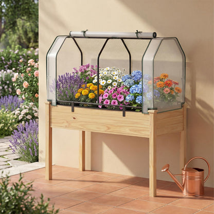 Toolsempire Raised Garden Bed with Greenhouse Cover, Elevated Wooden Planter Box Outdoor Gardening Planting Bed for Vegetables Flowers & Herbs Grow Backyard Patio Lawn (White+Natural)