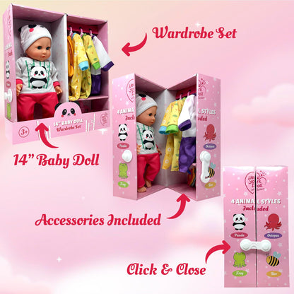 Soft Body Baby Doll with Accessories & 4 Sets of Animal Outfits, Realistic Baby Doll with Clothes & Toys, 14 Inch Doll Play Set Wardrobe Closet, Baby Dolls for Girls, Kids Gift for 3 4 5 Year Old