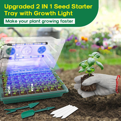 BlumWay Seed Starter Tray with Grow Light,2 Pack 80 Cells Seedling Tray Kit with Humidity Dome/Indoor Plant Starter Kit, Adjustable Brightness Plant Germination Trays-Green